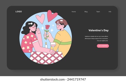 Valentine's Day Romance web or landing set. A couple shares a moment of love with a rose and wine, surrounded by hearts. Flat vector illustration