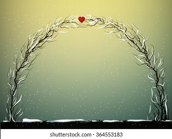 valentine`s day romantic arch of tree, valentine`s or marriage plant arch, fairy winter spring plant arch with red heart above, vector