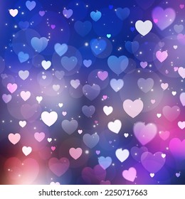 Valentine's Day romantic backdrop of many hearts. Blue blur background with magenta and pink, gradient, vector. Ideal for any your bold design or advertising project.