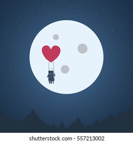 Valentine's day romantic background. Boy and girl cute adorable couple in love flying with heart shape balloon at night under moon. Valentine card wallpaper. Eps10 vector illustration.