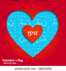 Valentines day romantic background with cut heart from red crumpled paper and blue icons pattern vector illustration