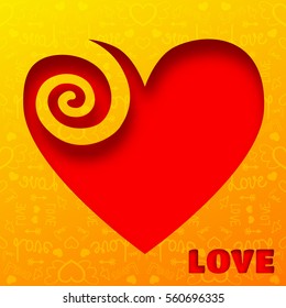 Valentines day romantic background with cut red heart and orange icons pattern vector illustration