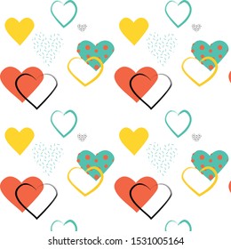 Valentines Day romantic background. Fun pattern. Trendy, minimalist, geometric style. Memphis style. Abstract retro background. Bright colorful modern composition. Hipster style 80s-90s.  Vector Eps.8