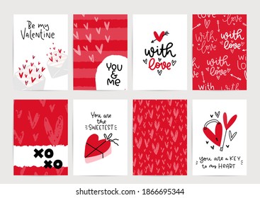 Valentines day romantic background with heart vector graphic and greeting card set with lettering love messages. Red patterns, romantic symbols for February 14th poster or flyer.
