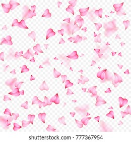 Valentines Day romantic background of pink hearts petals falling. Realistic flower petal in shape of heart confetti. Love theme. Wedding item. Decor element for greeting cards or gift packages.