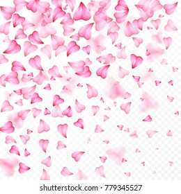 Valentines Day romantic background of pink hearts petals falling. Realistic flower petal in shape of heart confetti. Love theme. Wedding item. Decor element for greeting cards or gift packages.