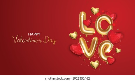 Valentines Day. Romantic Background Realistic 3d festive decorative objects, heart shaped balloons, glitter gold confetti. Holiday web banner