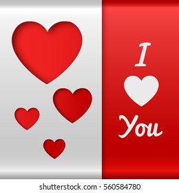 Valentines day romantic background with red hearts cut out from gray paper vector illustration