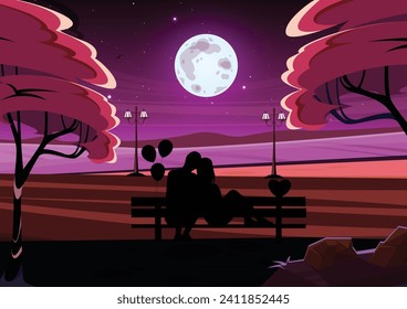 Valentine's Day Romantic Background Silhouetted Couple Sit On Bench Under The Tree