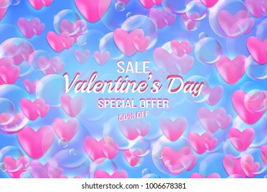 Valentine's day romantic background. Vector love illustration with 3d pink hearts and soap bubble. Sale banner, special offers, discounts or greeting card.