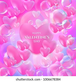 Valentine's day romantic background. Vector love illustration with 3d pink hearts and soap bubble. Sale banner, special offers, discounts or greeting card.