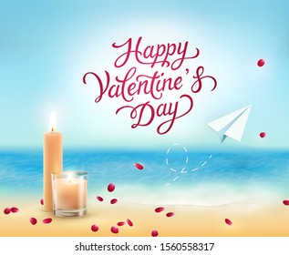 Valentines day romantic background. Vector date concept poster. Sea beach with burn candles, flying rose petals and love letter paper airplane for Happy Valentine's Day greeting card postcard.
