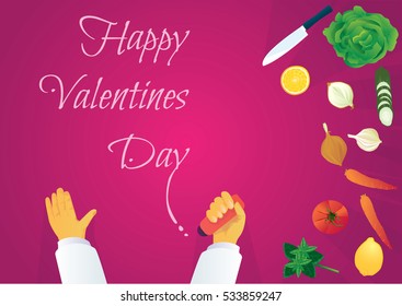Valentines day romantic background with vegetables on pink table.