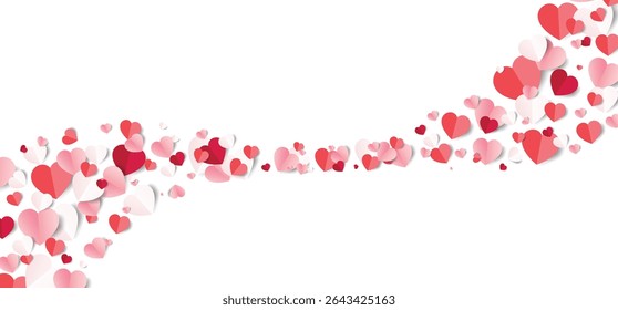 Valentine's Day romantic banner background with a flowing stream of red and pink hearts.