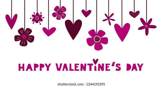 Valentines day romantic banner with hearts and flowers. Top upper garland with hanging elements for cards and web design. 14 february holiday vector.