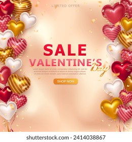 Valentine's Day romantic beige square promo banner or greeting card with 3d glossy pink, golden and white foil heart balloons, realistic confetti streamers, SALE discount info, and shop now button