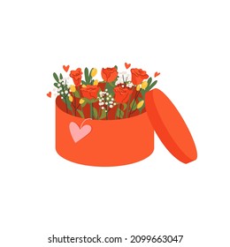Valentine's day. Romantic bouquet of red roses. Flowers, heart. February 14. Vector cute illustration of gift box with flowers.