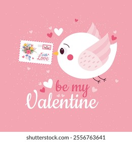 Valentines Day romantic card with a bird a letter and a bouquet of flowers 'Be My Valentine'