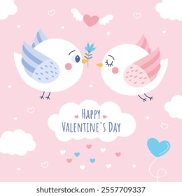 Valentine's Day romantic card with birds clouds and balloons on a pink background