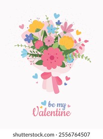 Valentines Day romantic card with a bouquet of flowers 'Be My Valentine'