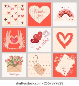 Valentine's Day Romantic card collection. Romantic backgrounds with design elements of hearts, flowers and romantic attributes. Valentine's Day icons, square backgrounds, elements. Vector illustration