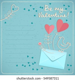 Valentine's day romantic card with envelope bird colorful hearts and text field in doodle style on blue background vector illustration