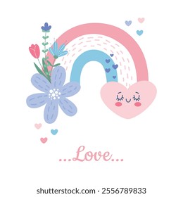 Valentine's Day romantic card with a rainbow hearts flowers and the word 'Love'