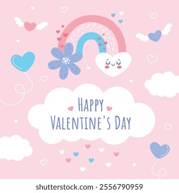 Valentine's Day romantic card with a rainbow hearts clouds and balloons on a pink background