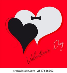 Valentine's Day Romantic card with two hearts. Black and white hearts on a scarlet background with the inscription Valentine's Day. Vector festive illustration for banners, invitations, posters.