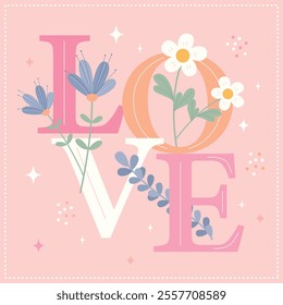 Valentine's Day romantic card with the word 'Love' and flowers on a pink background