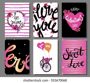 Valentine's Day Romantic Cards with Hearts, Flowers, Hand Drawn Text. Lettering.