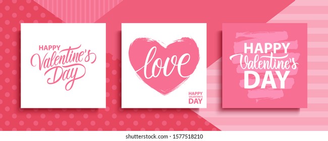 Valentines Day romantic cards set. Happy Valentine's Day, 14 february holiday lettering greetings. Vector Illustration.
