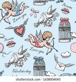 Valentine's day romantic clouds cupids hearts letters love birds birds balloons lips cage seamless pattern on a blue background for cards fabric wallpaper. Vector illustration.