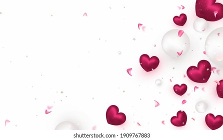 Valentine's day romantic composition. Background with сrimson hearts, flying roses petals,particles.Flat lay. Spring background for sales, promotionals, web cover. Realistic vector illustration. Stock Vector