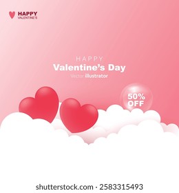 Valentine's day romantic composition hearts shape with cloud vector background. Templates for social media posts backgrounds, cover, poster, banners, marketing, sales promotion
