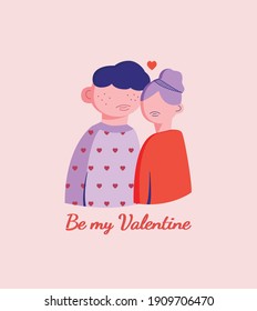 Valentine's day. Romantic couple. Be my valentine card for lover. Vector illustration. Romantic illustration for card, poster, valentine’s day card.