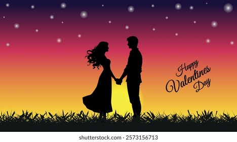 Valentines day romantic couple standing on grass background during sunset celebrating valentine's day 2025.