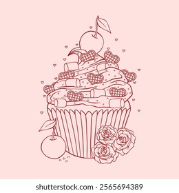 Valentine's day romantic cupcake with chocolates, cookies and decorations, vector line art, romantic illustration