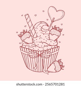 Valentine's day romantic cupcake with chocolates, cookies and decorations, vector line art, romantic illustration