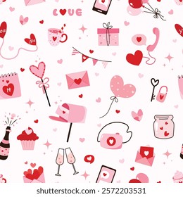 Valentine's Day Romantic Date Seamless Pattern Design, balloons, heart, envelop, card, drink