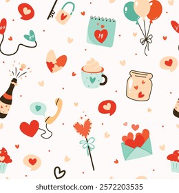 Valentine's Day Romantic Date Seamless Pattern Design, balloons, heart, envelop, card, drink