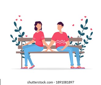 Valentines day romantic dating gift card. Lovers relationship two people. Couple sitting on bench. Loving couple on bench. Cheerful young couple sitting close to each other and smiling.