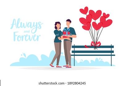 Valentines day romantic dating gift card. Lovers relationship two people. Loving couple holding gift. Cheerful young couple close to each other and smiling. Holiday gift surprise celebration dating.