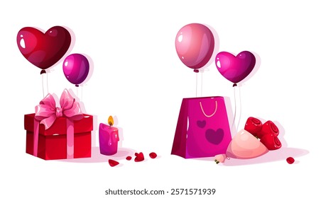 Valentine's day Romantic dating gift love vector illustrations set. Festive gift boxes, baloons and flowers in cartoon style