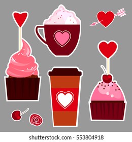 Valentine's day Romantic dating sweet love vector sticker set. Coffee, cappuccino, cupcakes, cherry, roses.