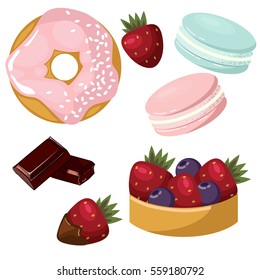 Valentine's day Romantic dating sweet love vector illustration icon set. Valentines day romance couple symbols. donut, chocolate, strawberry, macaroon