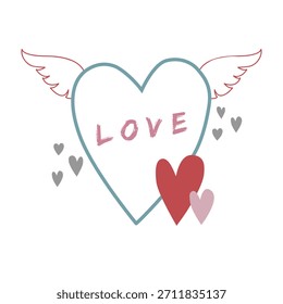Dia dos namorados romântico design elemento coração com asas de anjo amor tipografia várias formas de coração pequeno bonito ilustração gráfica isolada vetor arte