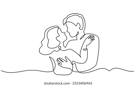 Valentines day romantic design. Woman and man hugs with present box. Love of young couple, lovers. Continuous one line drawing Doodles. Vector illustration