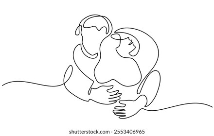 Valentines day romantic design. Woman and man hugs with present box. Love of young couple, lovers. Continuous one line drawing Doodles. Vector illustration