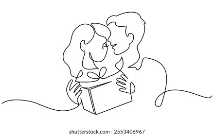 Valentines day romantic design. Woman and man hugs with present box. Love of young couple, lovers. Continuous one line drawing Doodles. Vector illustration